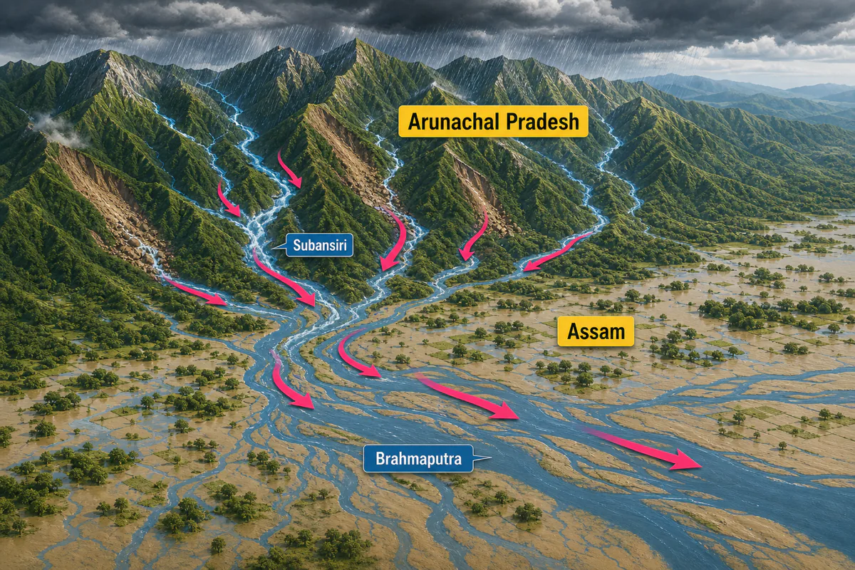 Map showing how rain in the Arunachal Pradesh hills flows down rivers like the Subansiri into the Assam plains and the Brahmaputra