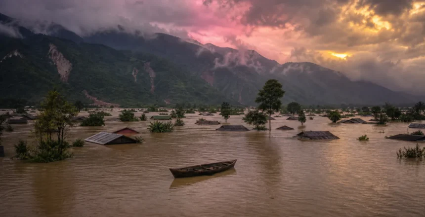 Submerged village in Northeast India during heavy monsoon floods, with rooftops above floodwater and hills behind