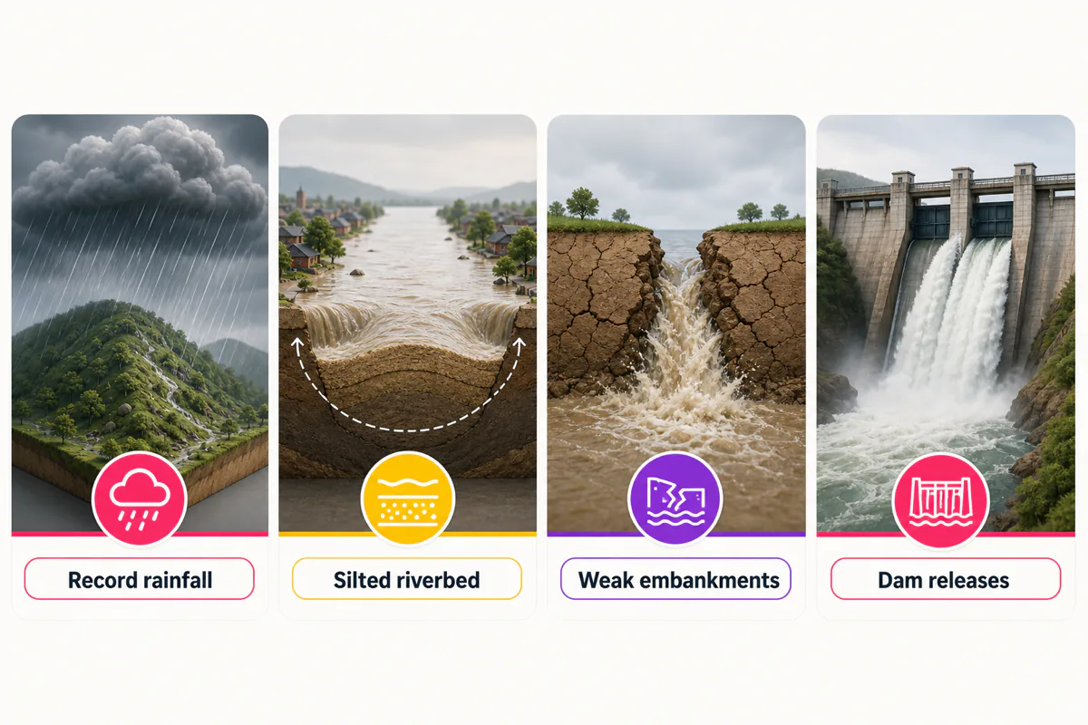 Infographic of why Northeast India floods: record rainfall, silted riverbed, weak embankments and dam releases