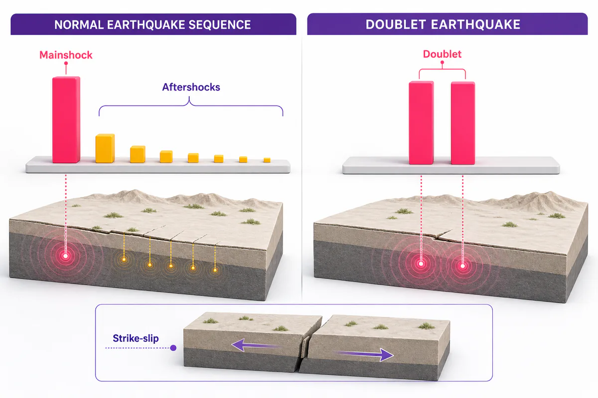 Diagram comparing a normal mainshock-aftershock earthquake sequence with a doublet, plus a strike-slip fault