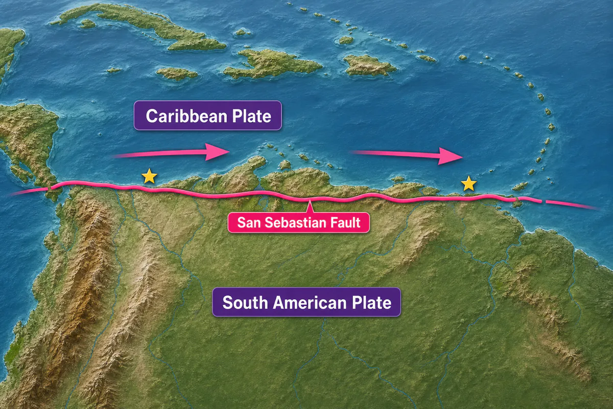 Map of the Caribbean and South American plate boundary and the San Sebastián fault along northern Venezuela